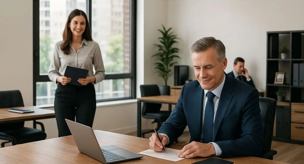 Barrister Suites Office Lease A man in a suit writes on paper at a desk with a laptop, smiling. A woman stands nearby holding a folder, also smiling. Another man is on the phone in the background. The office has large windows and shelves.