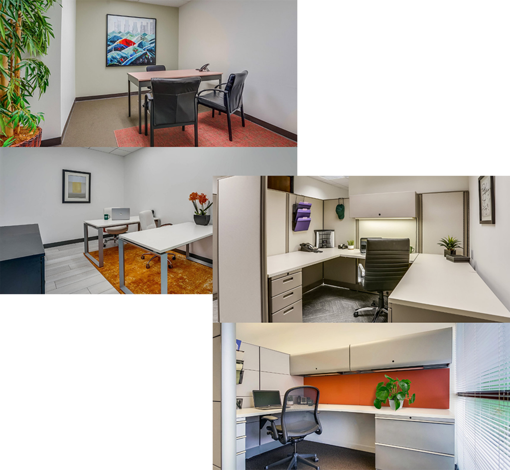 Barrister Suites Office Lease A collage of four modern office spaces, each with desks, chairs, plants, and decor, showcasing different layouts and color schemes in clean, well-lit environments.