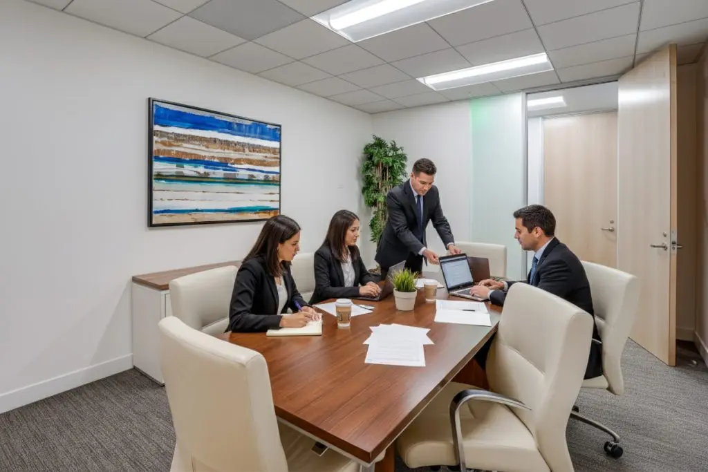 Barrister Suites Office Lease Four business professionals in formal attire have a meeting in a modern office, seated around a wooden table with documents, coffee cups, and a laptop. One person stands, pointing at the laptop screen, while the others listen.