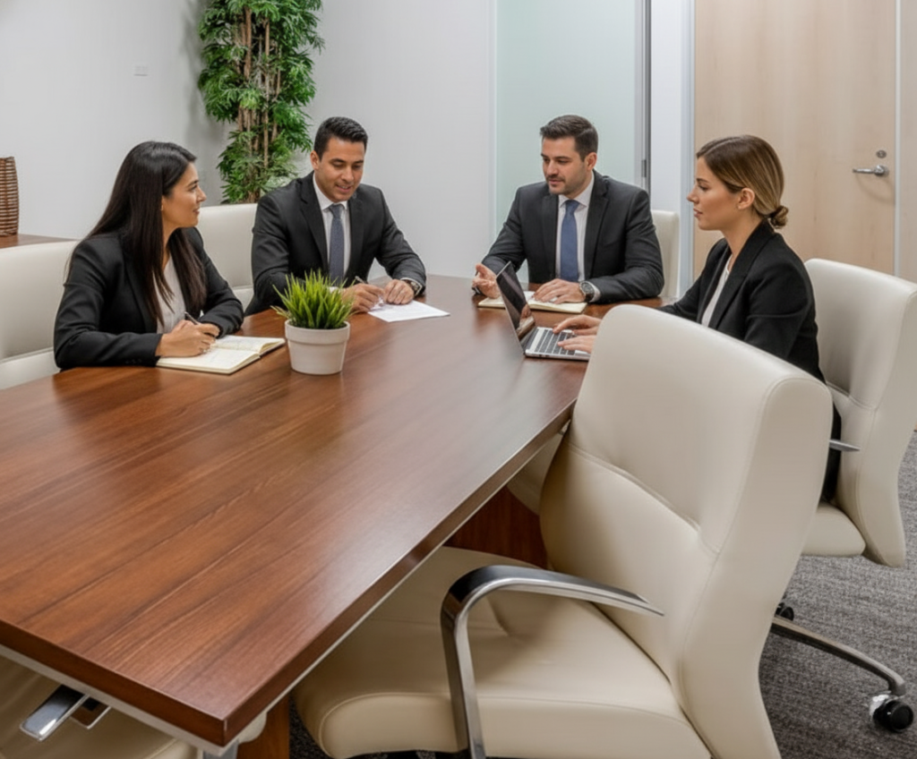 Barrister Suites Office Lease Four business professionals sit around a conference table in a modern office, discussing documents and using a laptop. There is a potted plant in the center of the table, and a tall plant is visible in the background.