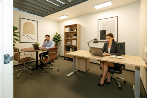 Barrister Suites Office Lease A man and woman work in a modern office. The man sits at a round table, talking on the phone and using a laptop, while the woman works at a desk with a laptop and notebook. Shelves, plants, and art decorate the space.
