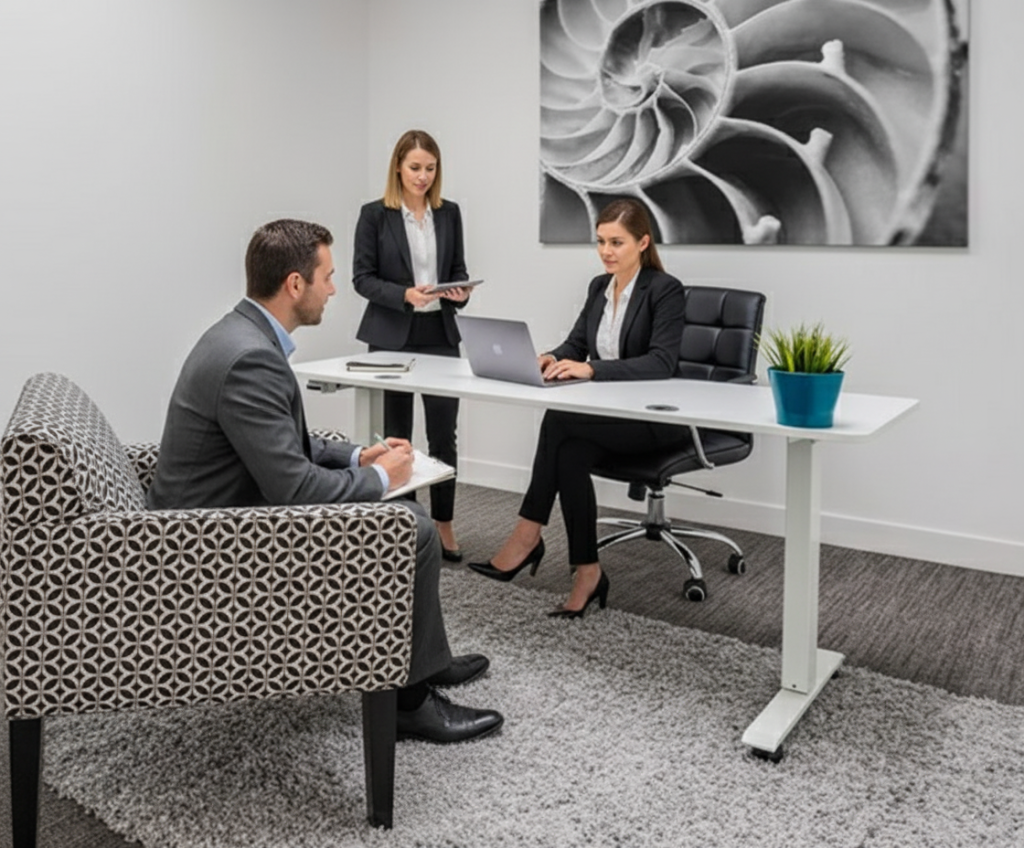 Barrister Suites Office Lease Three people in business attire meet in a modern office. A man sits on a patterned chair facing two women, one seated at a desk with a laptop and another standing with a tablet. A nautilus artwork hangs on the wall.