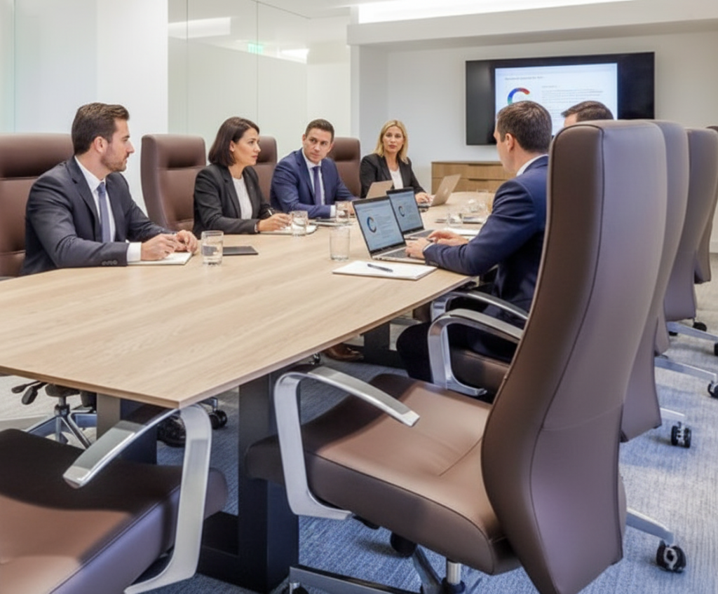 Barrister Suites Office Lease Six business professionals in formal attire sit around a conference table in a modern office, discussing work. Two have laptops open, and a presentation is displayed on a screen at the end of the room.