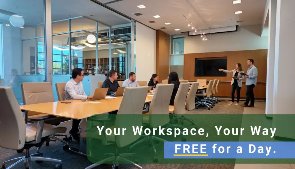 Barrister Suites Office Lease A modern office meeting room with people seated around a long table, two people standing and presenting by a screen. Text overlay reads: Your Workspace, Your Way. FREE for a Day.