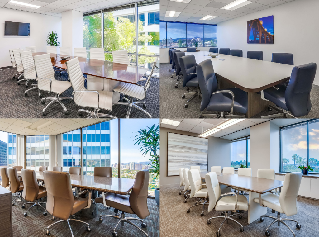 Barrister Suites Office Lease A collage of four modern conference rooms, each with large windows, sleek tables, and comfortable chairs in shades of white, brown, or gray. Natural light fills each room, creating a bright, professional atmosphere.