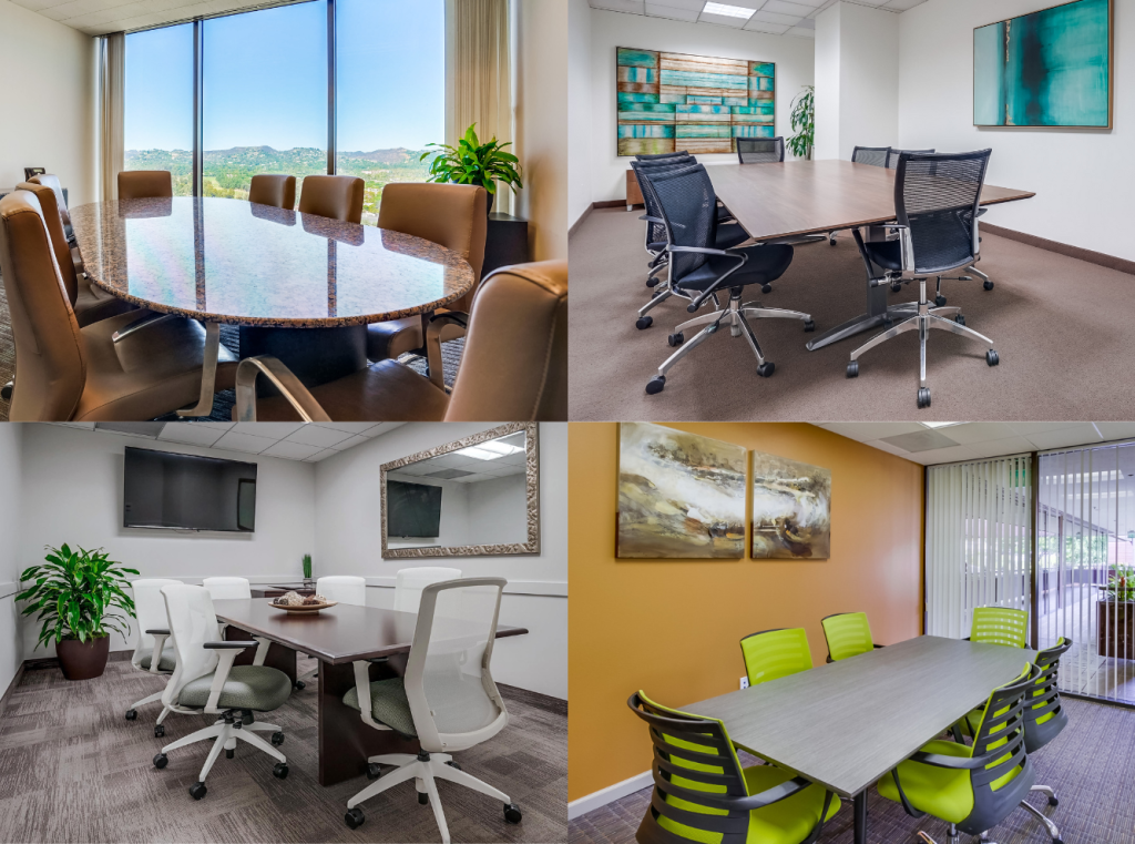 Barrister Suites Office Lease A collage of four modern conference rooms, each with a table, ergonomic chairs, wall art, and large windows or glass walls providing natural light. Each room has its own unique color scheme and decor style.