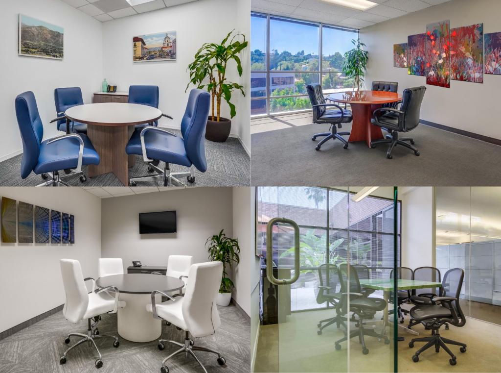 Barrister Suites Office Lease A collage of four modern office meeting rooms, each with a round table and several chairs. The rooms have large windows, artwork on the walls, and a clean, contemporary design.