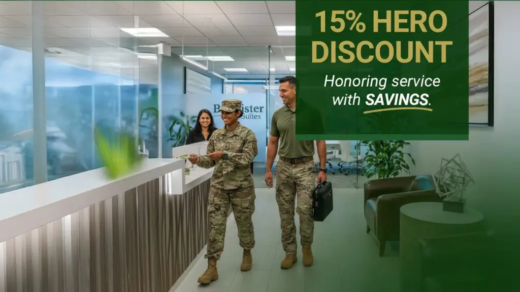 Barrister Suites Office Lease Two people in military uniforms and one person in civilian clothes walk through a modern office lobby. A sign reads, “15% Hero Discount – Honoring service with SAVINGS.”.