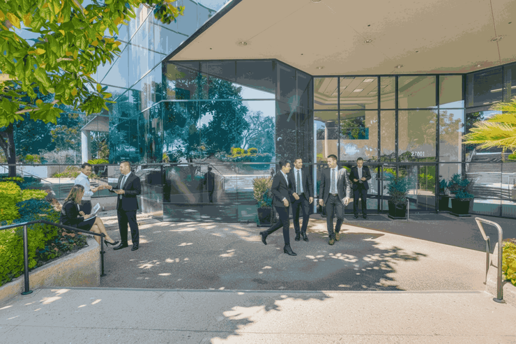 Barrister Suites Office Lease A group of people in business attire are walking and talking outside a modern glass office building on a sunny day. Some stand in pairs, while others sit on a low wall near greenery.