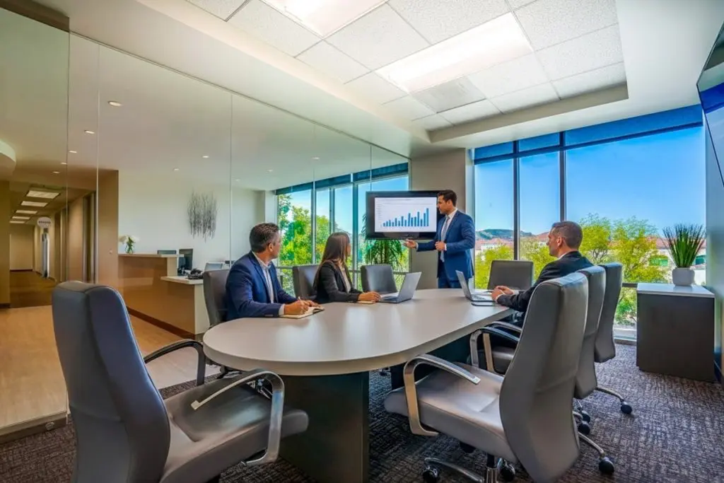 Barrister Suites Office Lease Four people in business attire sit around a conference table in a modern office while a man stands and presents a bar graph on a screen. Large windows show trees and a bright outdoor scene.
