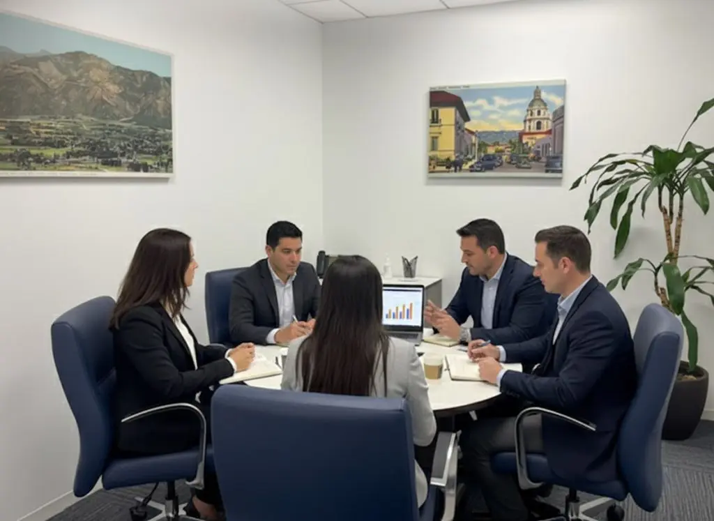 Barrister Suites Office Lease Five people in business attire sit around a small conference table in an office, discussing a bar chart displayed on a laptop. Framed landscape photos and a potted plant decorate the room.