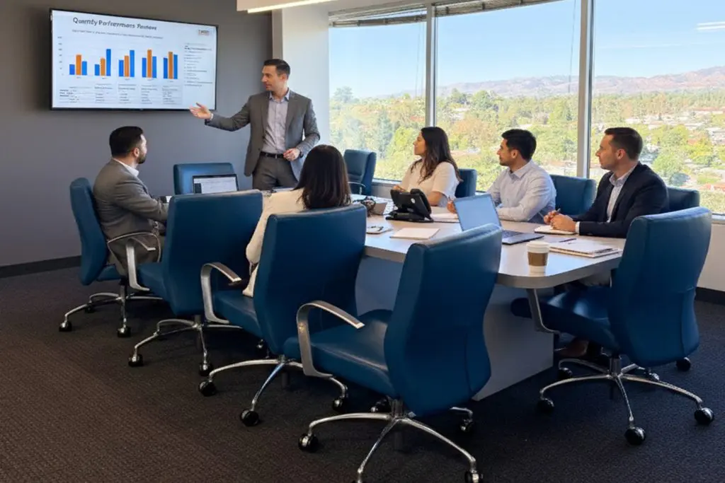 Barrister Suites Office Lease Six business professionals sit around a conference table in an office, watching a colleague present sales data on a screen. Large windows reveal an outdoor view of trees and hills.