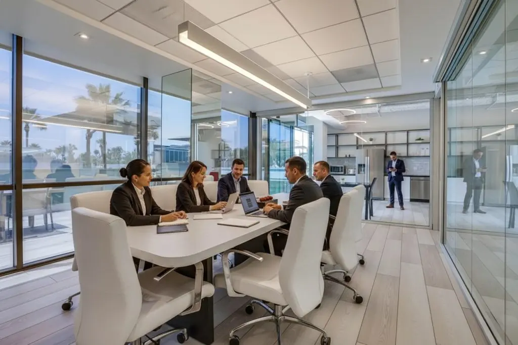 Barrister Suites Office Lease Five people in business attire sit around a table in a modern office meeting room with large windows, while two others stand and converse in the background near a kitchenette area.