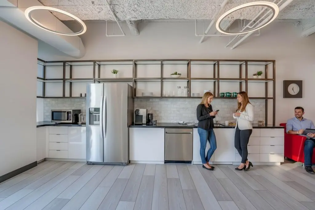 Barrister Suites Office Lease Two women stand and talk in a modern office kitchen with white cabinets, open shelving, and stainless steel appliances. A man sits on a red chair nearby, looking at his phone. The space is bright with circular ceiling lights.