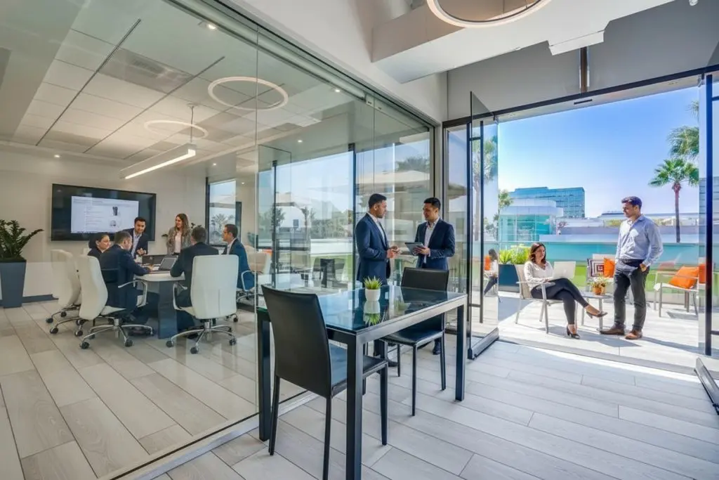 Barrister Suites Office Lease Modern office space with people in business attire. Some are meeting around a table indoors, while others converse and relax on an outdoor patio, with palm trees and city buildings visible in the background.