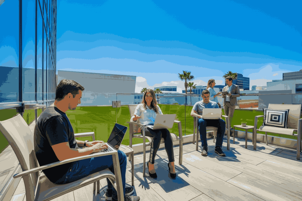 Barrister Suites Office Lease Five people work on laptops and chat outdoors on a sunny day, seated on a modern terrace with glass railings, green lawn, palm trees, and office buildings in the background.