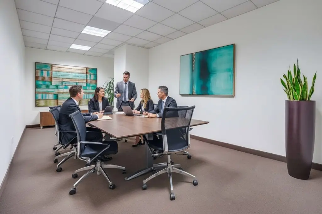 Barrister Suites Office Lease Five people in business attire have a meeting in a modern conference room with abstract art on the walls and a tall plant in the corner. Three are seated at a table with laptops, while two stand and engage in discussion.