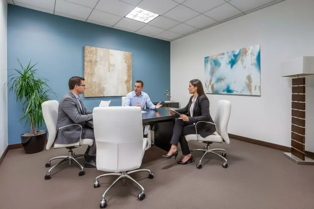 Barrister Suites Office Lease Three professionally dressed people sit around a black desk in a modern office, having a discussion. Two men and one woman are present, with abstract art and a plant decorating the room.