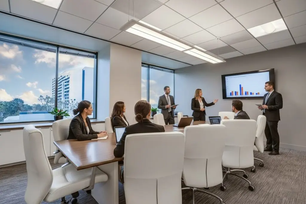 Barrister Suites Office Lease Six business professionals in a modern conference room; two are presenting charts on a wall-mounted screen while others sit at a table listening and using laptops. Large windows show buildings and partly cloudy skies outside.