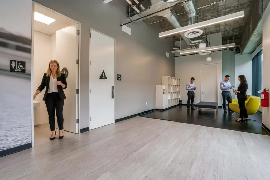 Barrister Suites Office Lease A woman exits a restroom in a modern office space, while three people stand and talk near a window in the background. The room has gray walls, light flooring, and contemporary furniture.