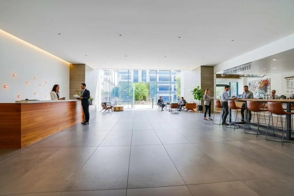 Barrister Suites Office Lease Modern office lobby with a reception desk on the left, people talking and working, and a coffee bar on the right. Large windows in the back let in natural light, with trees and buildings visible outside.