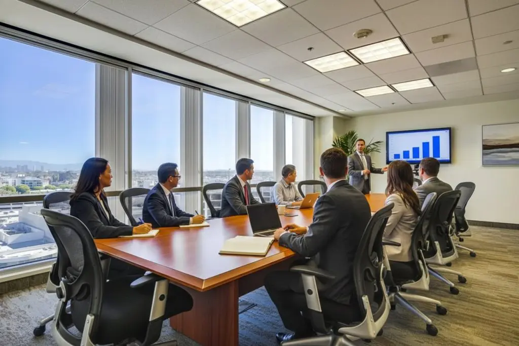 Barrister Suites Office Lease A group of business professionals sits around a conference table in a modern office as one person gives a presentation, pointing to a large screen displaying a bar graph. Large windows show a cityscape outside.