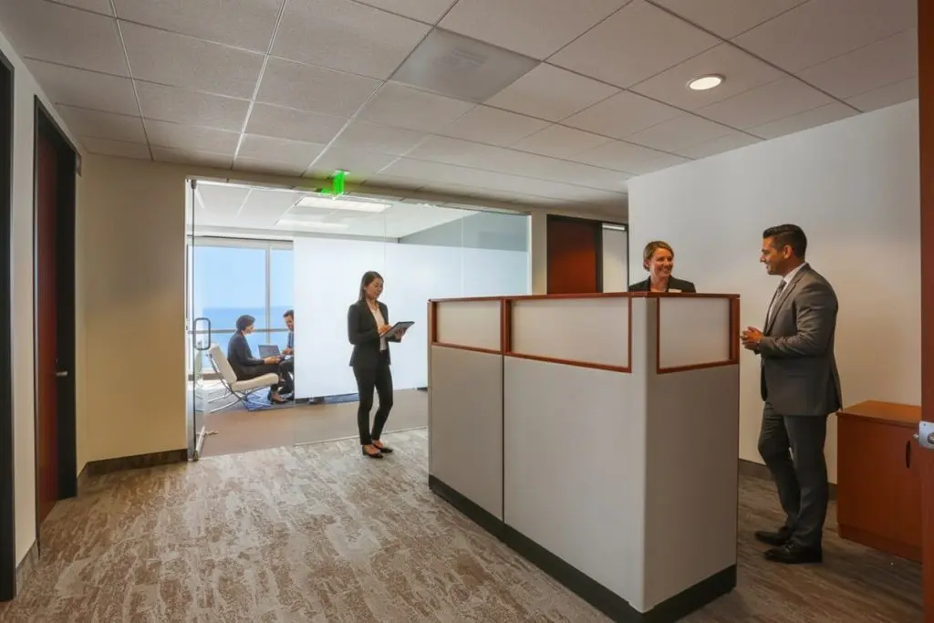 Barrister Suites Office Lease A modern office reception area with two people talking at the front desk, one person standing with a tablet, and two people seated and conversing in a glass-walled meeting room in the background.