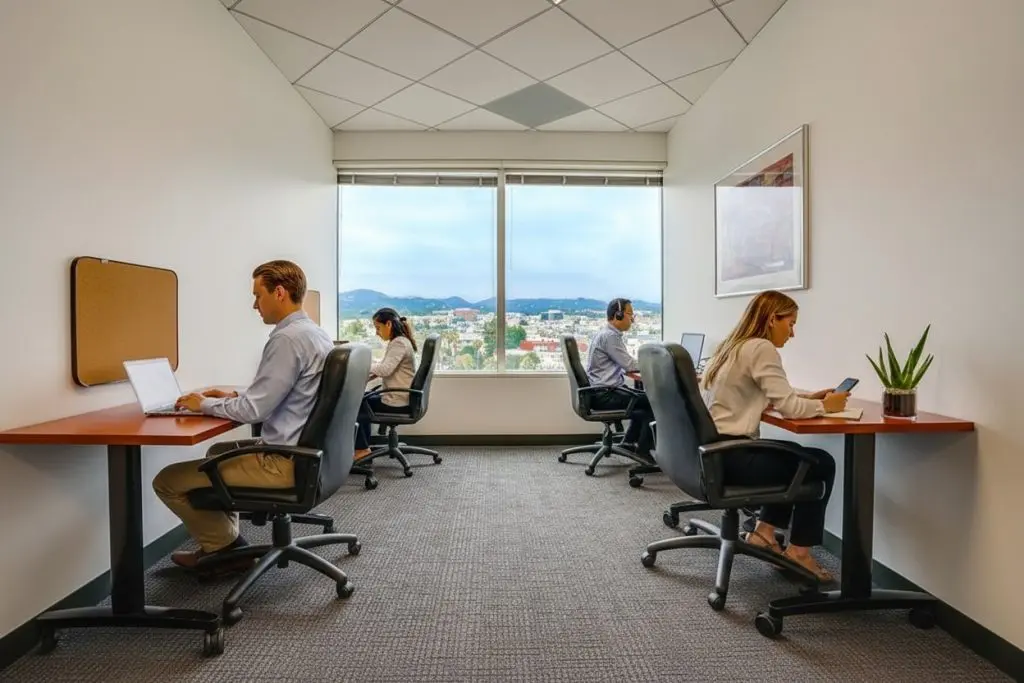 Barrister Suites Office Lease Four people work in a bright office with large windows and mountain views, each seated at separate desks using laptops or phones. The space is clean, modern, and organized, with a plant and a wall picture.