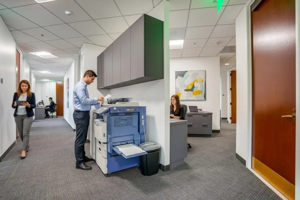 Barrister Suites Office Lease Office scene with three people: a man using a blue copier, a woman walking and looking at her phone, and another woman sitting at a desk. Hallway and offices are visible in the background. Modern, professional environment.