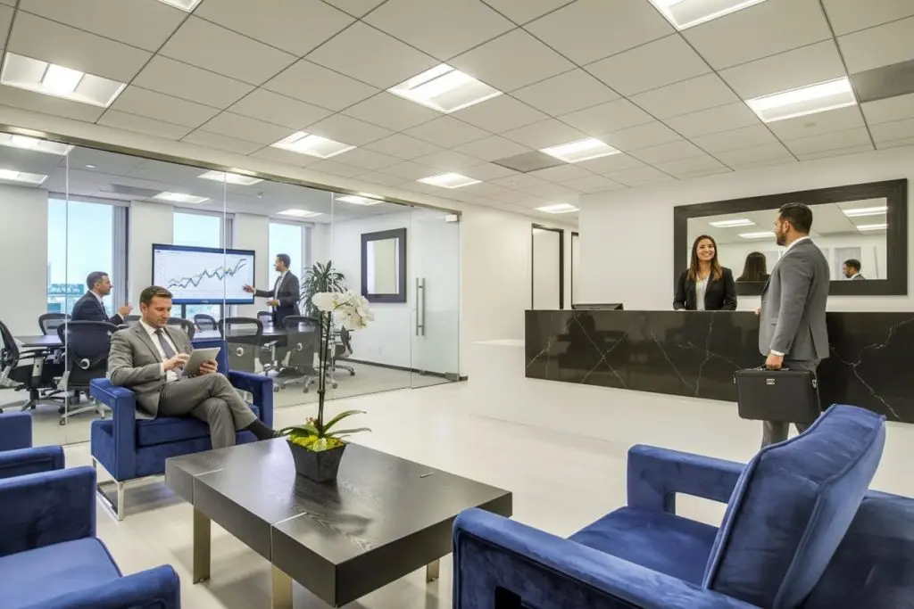 Barrister Suites Office Lease Modern office lobby with blue chairs, a coffee table with a plant, and a marble reception desk. Two people talk at the desk; others are meeting in a glass-walled conference room with a graph on display.