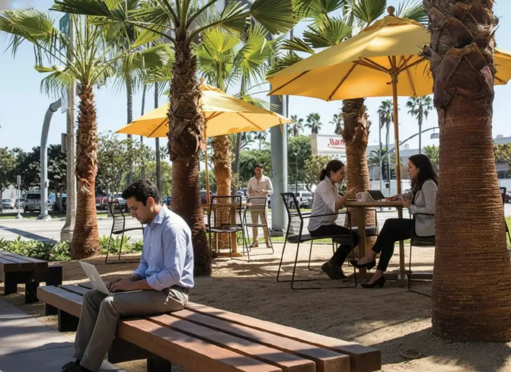 Barrister Suites Office Lease People sit and work on laptops at outdoor tables and benches under yellow umbrellas and palm trees on a sunny day. A person walks in the background. The scene appears to be in a casual, modern outdoor workspace or café area.