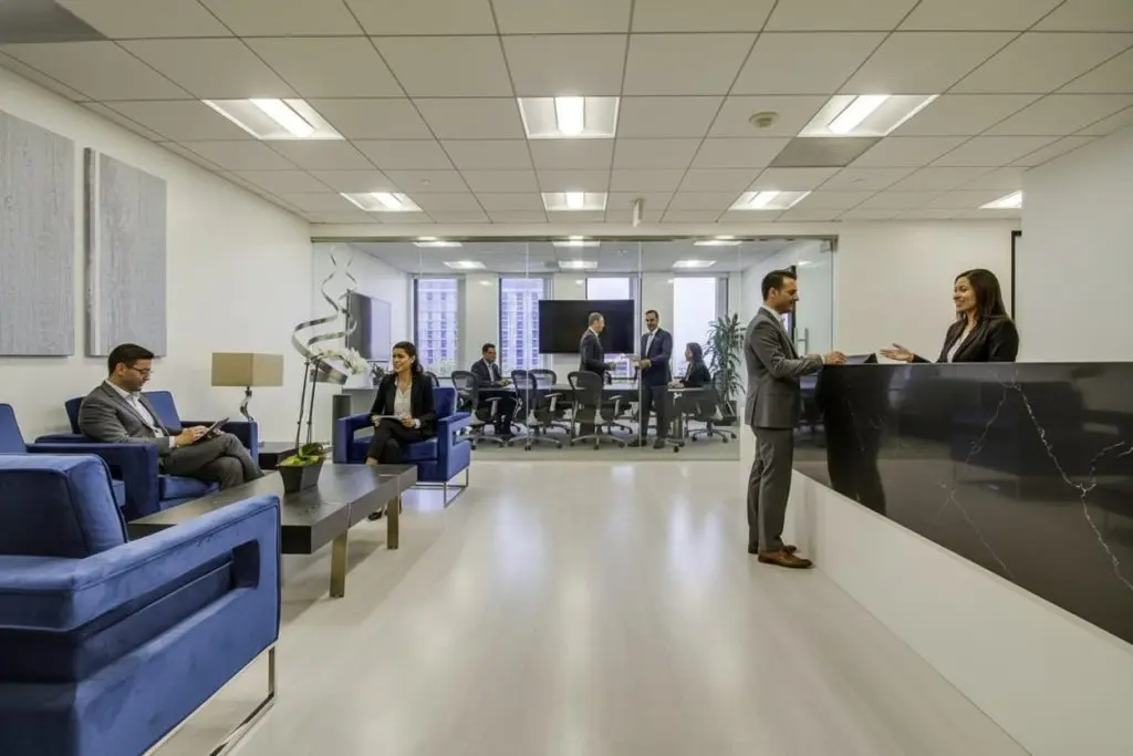 Barrister Suites Office Lease Modern office lobby with people in business attire. Some are seated on blue chairs working or waiting, while two stand at a black marble reception desk. Glass-walled conference room with a meeting is visible in the background.