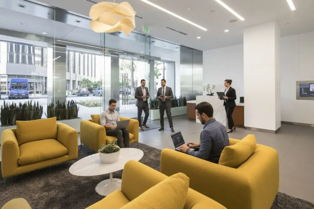 Barrister Suites Office Lease Modern office lobby with yellow armchairs and a marble table. A man uses a laptop, another uses his phone, while three people in business attire talk near large glass windows. A bus is visible outside.
