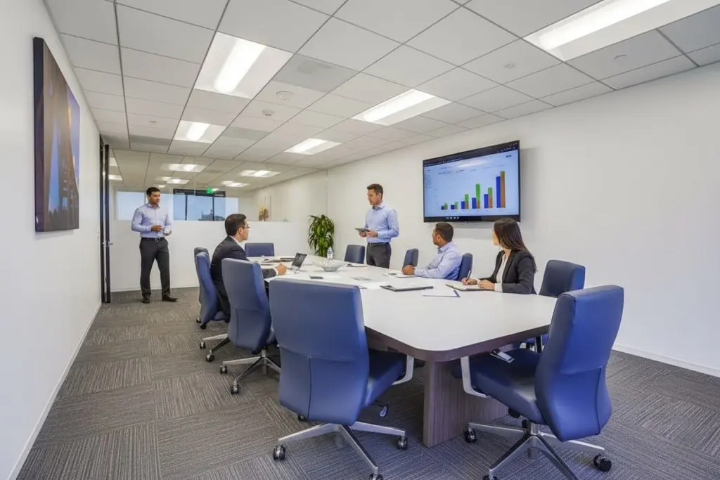 Barrister Suites Office Lease Five people are in a modern conference room having a meeting. Four are seated at a table, and one is standing and presenting charts on a large wall screen. The room is bright with blue chairs and white walls.