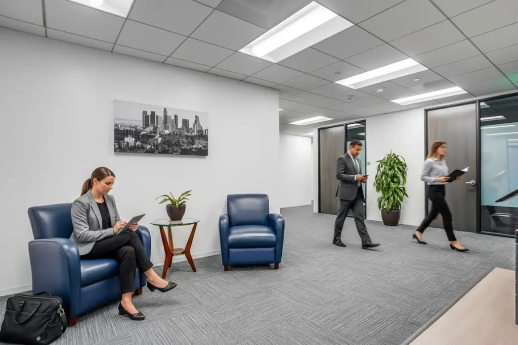 Barrister Suites Office Lease A modern office waiting area with two blue chairs, a small table with a plant, and three people in business attire; one woman is seated using a tablet, while two others walk past closed office doors.