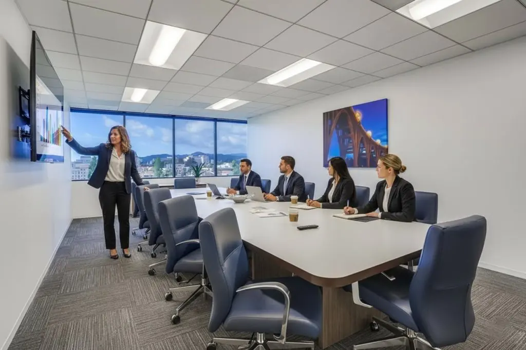 Barrister Suites Office Lease A woman in business attire presents data on a large screen to four colleagues seated at a conference table in a modern office with large windows and framed artwork on the wall.