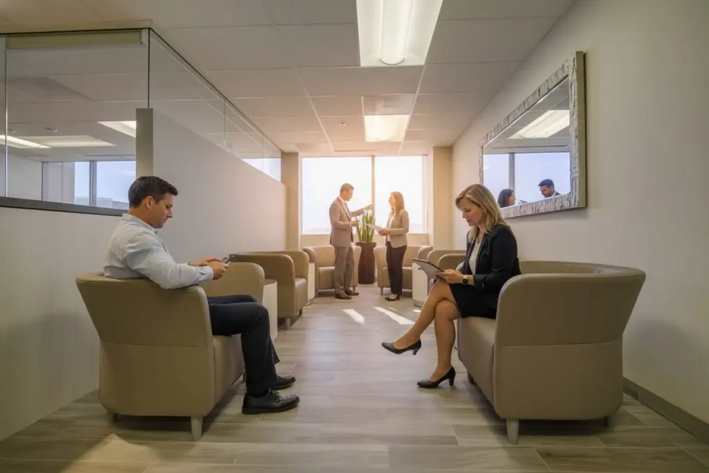 Barrister Suites Office Lease A modern office waiting area with four people—two seated and working on devices, and two standing by a window in conversation. The space has neutral décor, armchairs, and large windows letting in natural light.