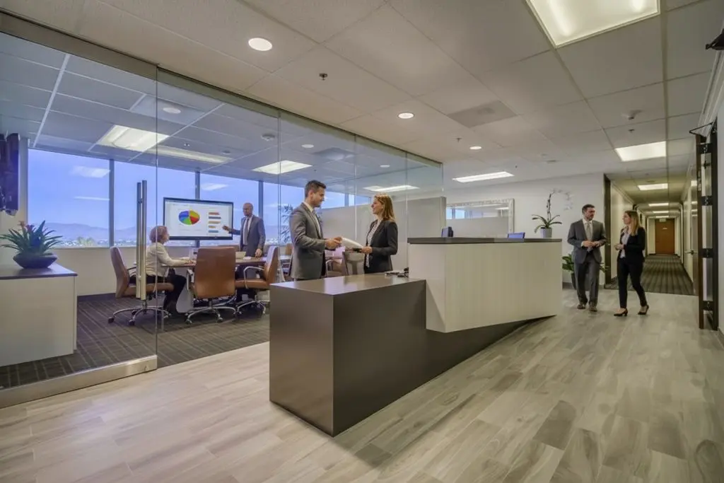 Barrister Suites Office Lease A modern office lobby with two people shaking hands at a reception desk, colleagues talking nearby, and a meeting visible through a glass wall with people reviewing charts on a screen.