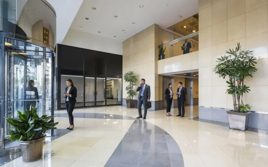 Barrister Suites Office Lease Spacious modern office lobby with large windows, potted plants, and people in business attire walking or talking. The floor is tiled in light and dark patterns, and glass doors lead outside.