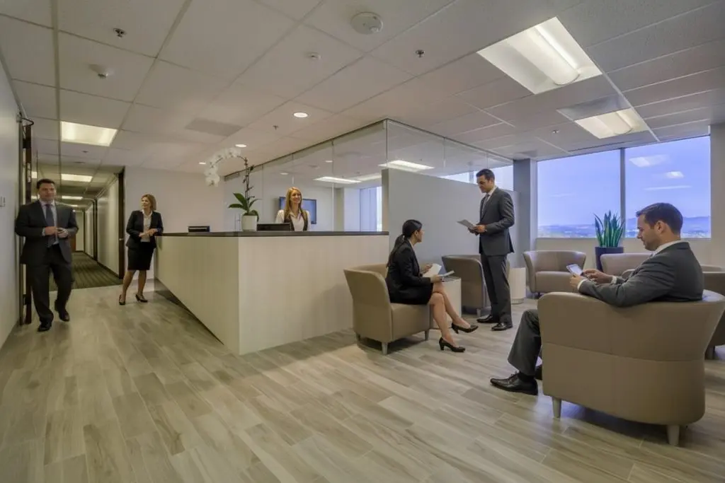 Barrister Suites Office Lease Five professionals in business attire interact in a modern office lobby with armchairs, large windows, and a reception desk. Some are standing, some seated, and one person walks down the hallway.