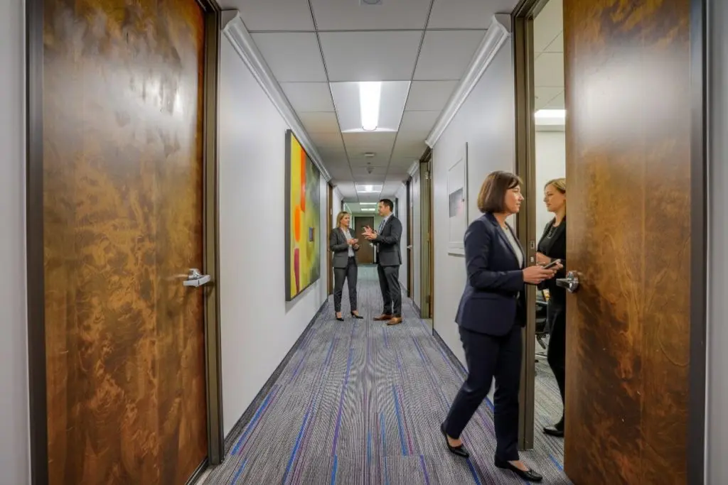 Barrister Suites Office Lease A hallway in an office building with open doors; two pairs of people in business attire talk near rooms, and a woman in a suit walks through the hall. Colorful abstract art hangs on the wall.