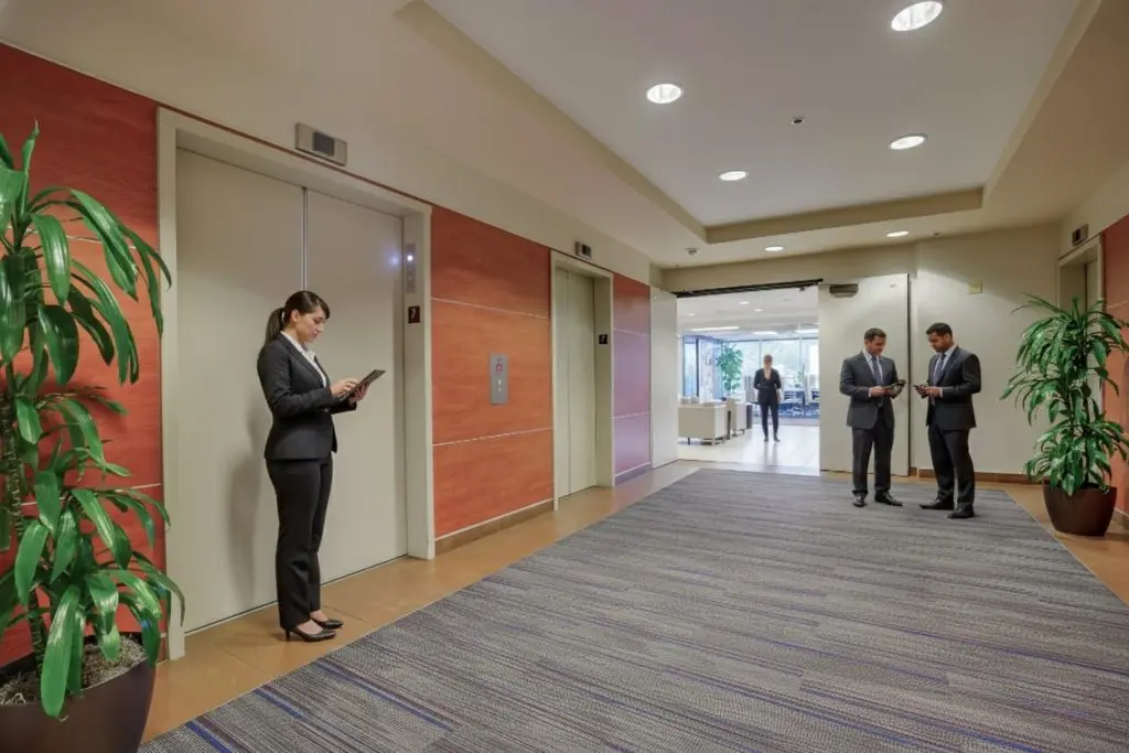 Barrister Suites Office Lease A woman in business attire stands by an elevator reading a tablet, while three men in suits converse near large windows in a modern office building hallway with plants and carpeting.