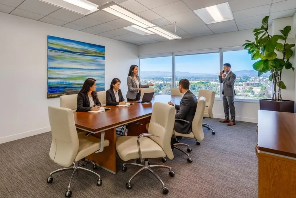 Barrister Suites Office Lease Five people in business attire meet in a modern office with large windows and city views. Three are seated at a conference table, one stands presenting, and one looks outside while on the phone. A large plant and artwork decorate the room.