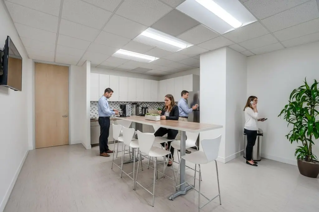Barrister Suites Office Lease Four people are in a modern office kitchen; two are standing at a counter using their phones, one is sitting at a table with a laptop, and another stands nearby. The space is bright with white walls and a plant.