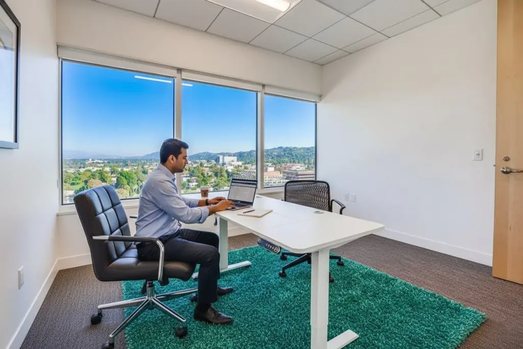 Barrister Suites Office Lease A man sits at a desk in a modern office with large windows, working on a laptop. The room is bright with white walls, a green rug, and views of a cityscape and hills outside.