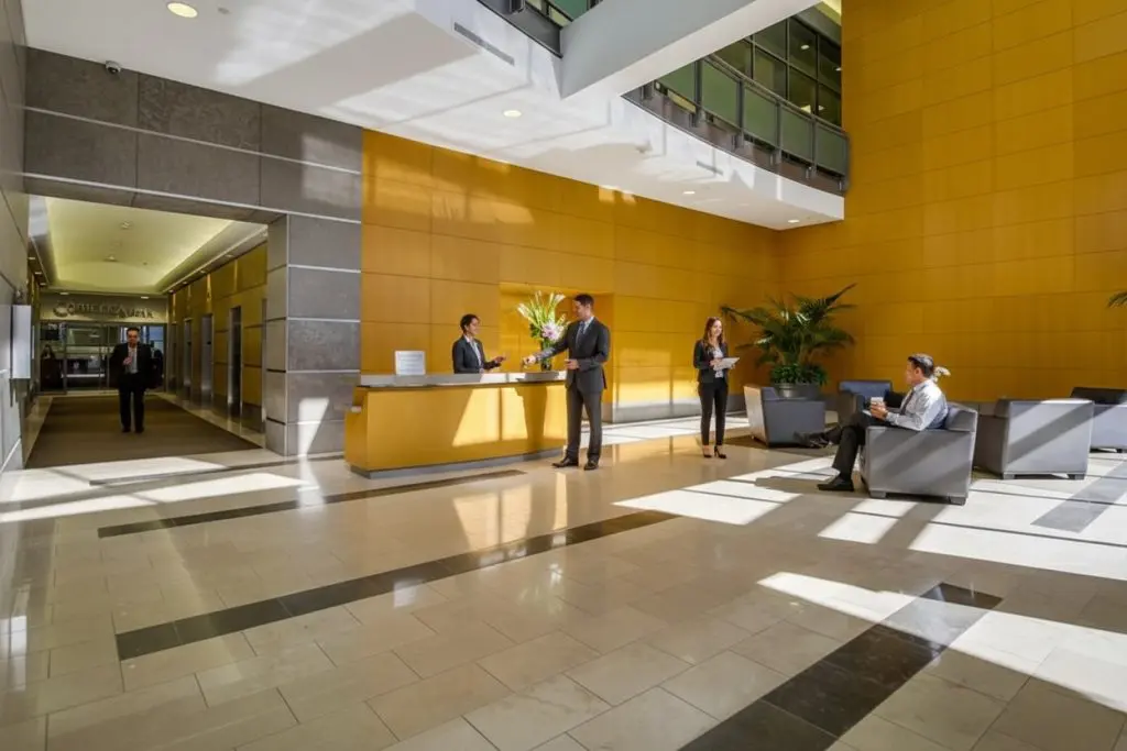 Barrister Suites Office Lease A modern building lobby with yellow walls, a reception desk, and several people in business attire talking, sitting, and walking. Sunlight streams through large windows, and potted plants decorate the space.