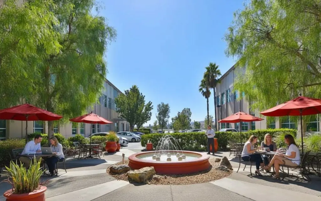 Barrister Suites Office Lease People sit at tables with red umbrellas, working and socializing around a circular fountain in a sunny courtyard surrounded by trees, plants, and modern office buildings.