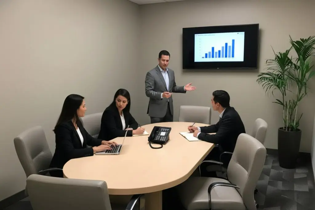 Barrister Suites Office Lease Four people in business attire meet in a conference room. One man stands and presents a bar graph on a screen, while the others sit at a table, taking notes and using a laptop. A plant is in the corner.