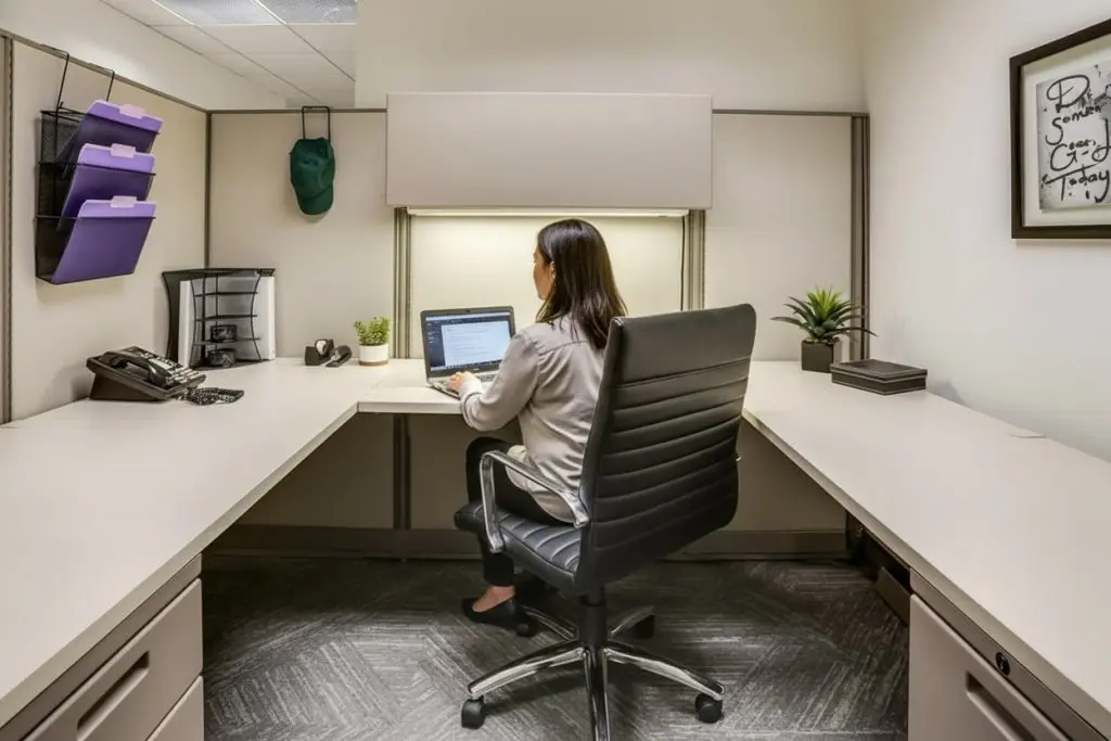Barrister Suites Office Lease A woman sits at a desk in a modern office cubicle, working on a laptop. The workspace is tidy, with organized files, a phone, potted plants, and framed artwork on the wall.