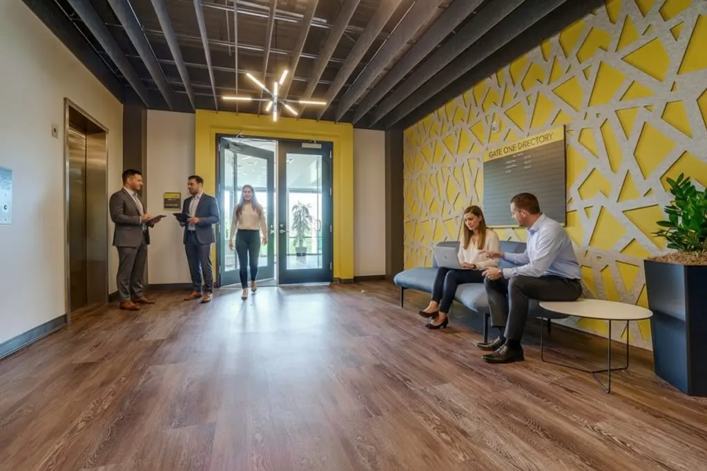 Barrister Suites Office Lease Modern office lobby with wood flooring, geometric yellow and gray accent wall, three people standing and talking near the entrance, and two people sitting on a blue couch using a laptop.